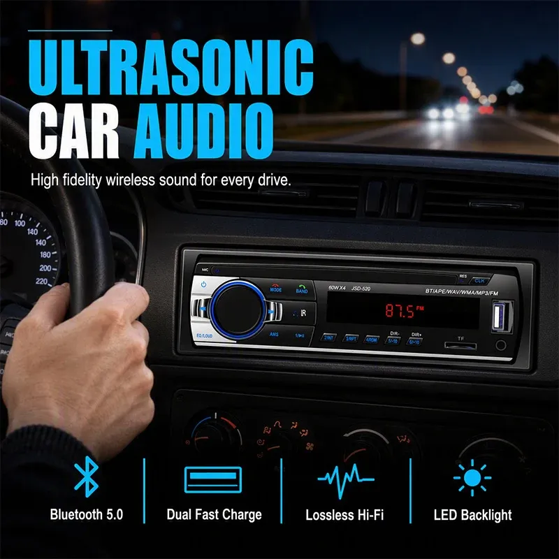 Bluetooth 5.0 car radio with dual USB ports and LED backlight