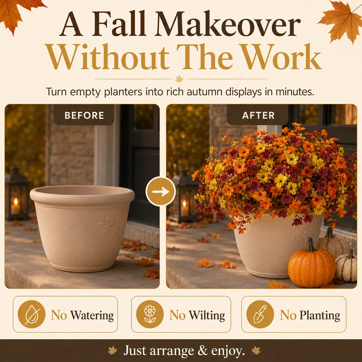 Before and after fall porch flower arrangement