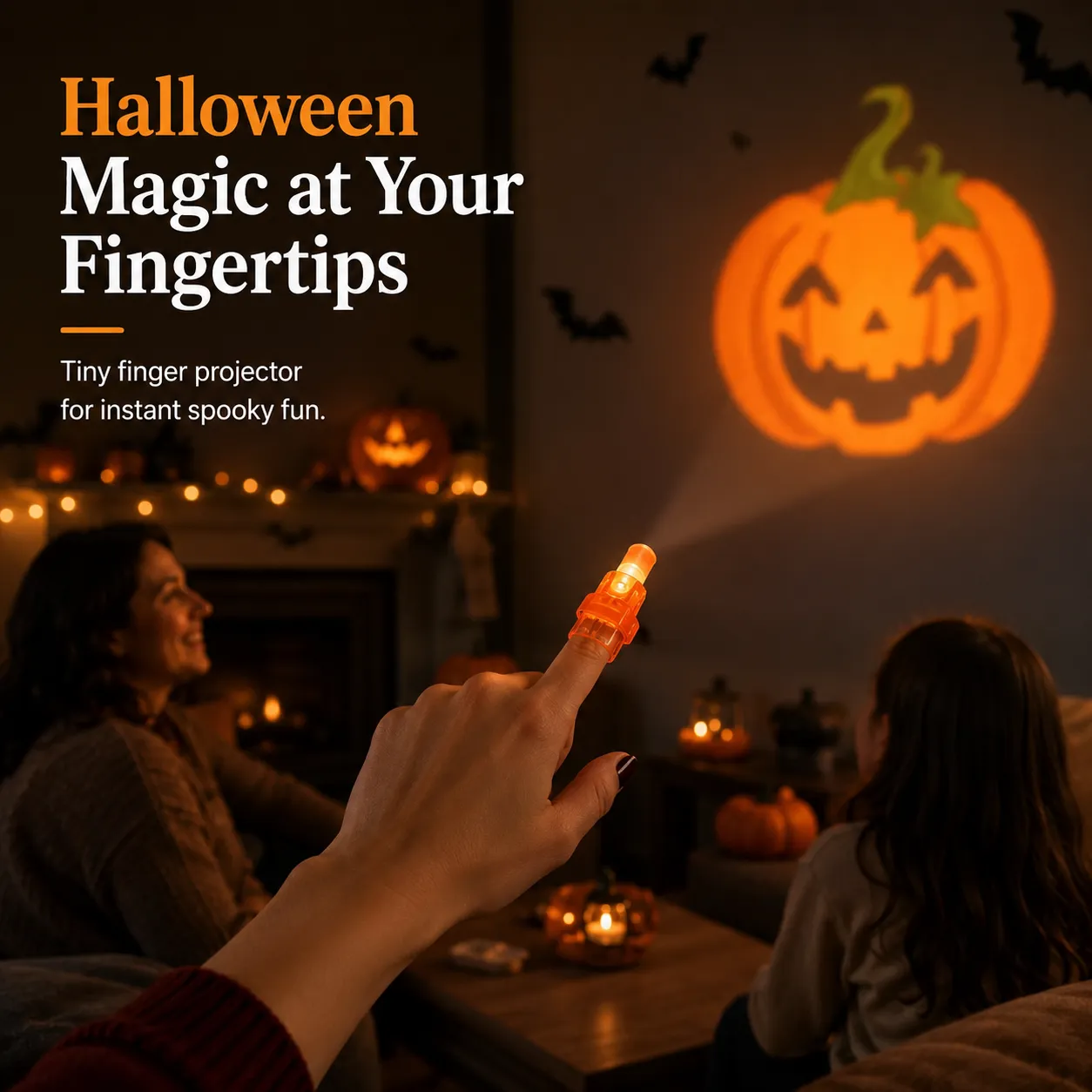 Miniaturowy projektor na Halloween, który wyświetla wzór dyni na ścianie w udekorowanym salonie. Miniaturowy projektor na Halloween, który wyświetla wzór dyni na ścianie w udekorowanym salonie.