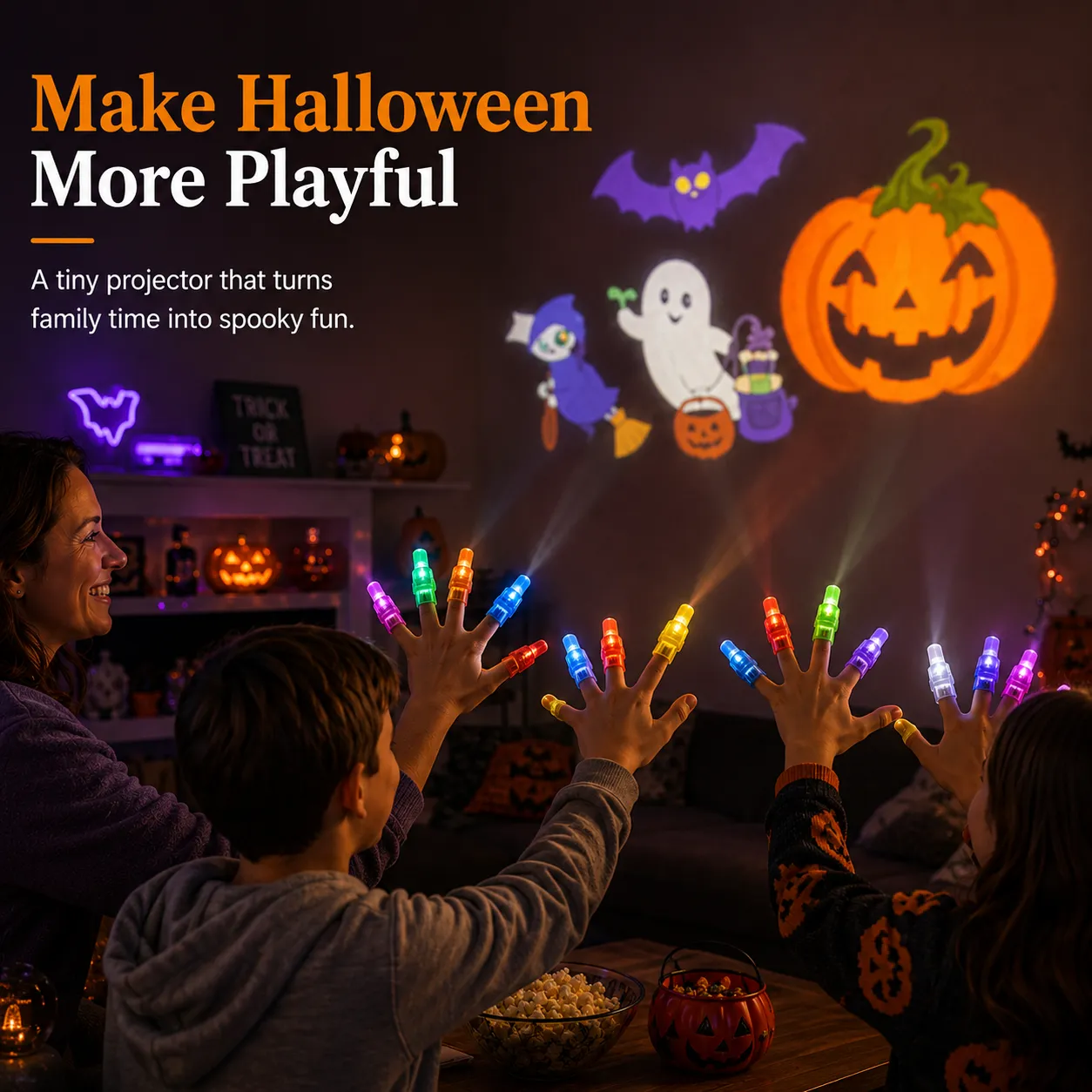 Rodzina używa kolorowych projektorów na palce podczas wieczoru Halloween w domu Rodzina używa kolorowych projektorów na palce podczas wieczoru Halloween w domu