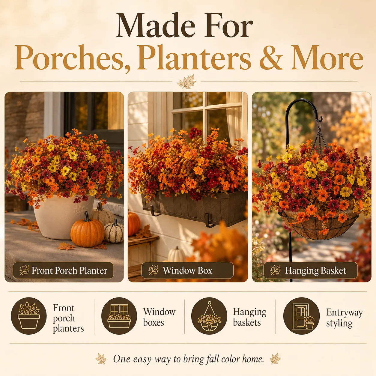 Fall faux flowers styled in porch planters and baskets